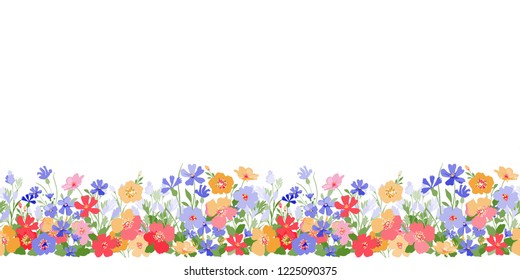 Seamless flowery border in wild flowers. Floral pattern for background, textile, wallpaper, paper, cover, wrapping. Cute summer print. 