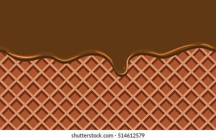 Seamless Flowing chocolate on wafer texture sweet food vector background abstract. Melt choco on waffle pattern. Flat color style design. No gradient