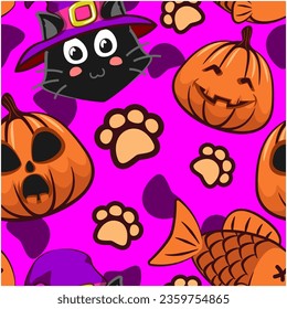seamless flowing vector pattern, cartoon and illustration of a cute cat in a wizard hat, halloween pumpkin and cute paw on a purple background