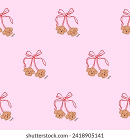 Seamless fluffy Cherry pattern with bow in cartoon style. Cute trendy design. Vector funky illustration. Ballet-core, coquette-core background.