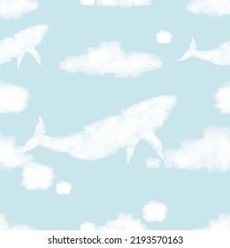 Seamless Fluffy cloud in whale shape flying up to Sky on blue transparent background,Vector 3D cute cartoon pattern nature sky  flying for kids 