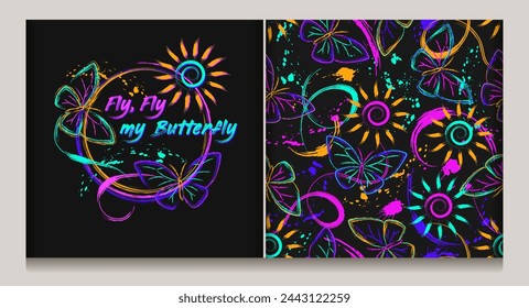 Seamless fluorescent fantasy pattern, label with sun, butterfly, swirls of paint brush strokes, spattered paint. Bright glowing neon colors. Outline, contour illustrations. Virtual surreal nature.