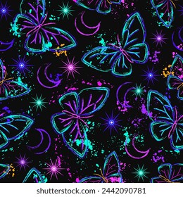 Seamless fluorescent fantasy pattern with moon, butterfly, paint brush strokes, spattered paint of neon bright colors. Outline, contour illustrations. Virtual surreal nature background.