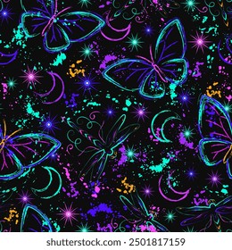 Seamless fluorescent fantasy pattern with moon, butterfly, dragonfly, paint brush strokes, splattered paint. Bright glowing neon colors. Outline contour illustration. Virtual surreal nature background