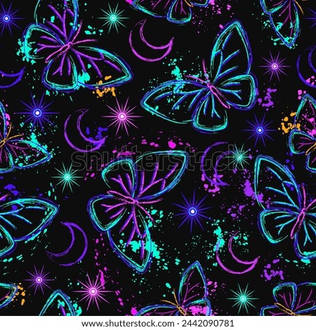 Seamless fluorescent fantasy pattern with moon, butterfly, paint brush strokes, spattered paint of neon bright colors. Outline, contour illustrations. Virtual surreal nature background.