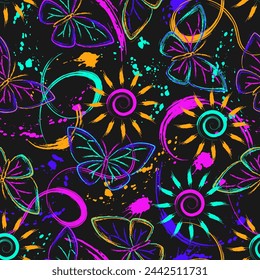 Seamless fluorescent fantasy pattern with sun, butterfly, swirls of paint brush strokes, spattered paint. Bright glowing neon colors. Outline, contour illustrations. Virtual surreal nature background.