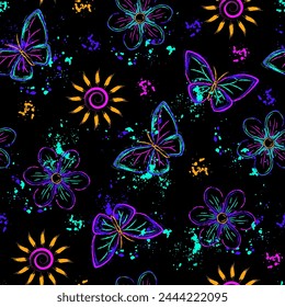 Seamless fluorescent fantasy pattern with sun, butterfly, paint brush strokes, spattered paint. Bright glowing neon colors. Outline, contour illustrations. Virtual surreal nature background.