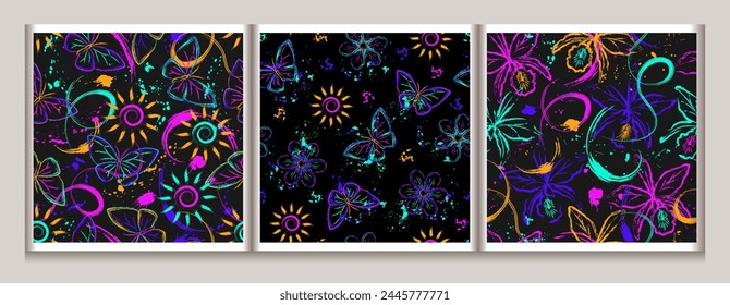 Seamless fluorescent fantasy patterns with sun, butterfly, swirls of paint brush strokes, splash of paint. Bright glowing neon colors. Outline, contour illustrations. Virtual surreal nature background