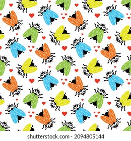 patrón de mosca sin soldadura aislado en fondo blanco, ilustración vectorial plana con insectos y corazones de color