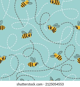 Seamless flying bees pattern. Vector cartoon illustration for kids