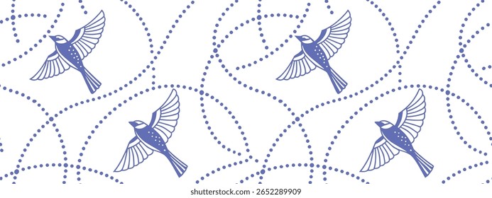 Seamless flying bird pattern in blue with dotted trails on white background, perfect for nature-inspired wallpapers, fabrics, wrapping, decorative prints, and creative projects.