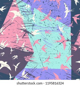 Seamless flying birds in geometry background. Vector grunge seamless pattern.