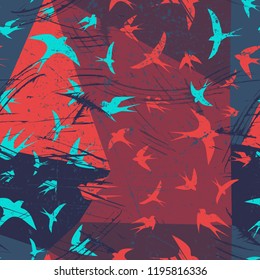 Seamless flying birds in geometry background. Vector grunge seamless pattern.