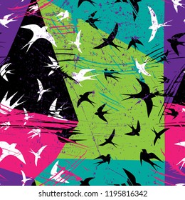 Seamless flying birds in geometry background. Vector grunge seamless pattern.