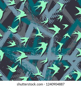 Seamless flying birds in geometry background. Vector grunge seamless pattern.