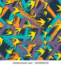Seamless flying birds in geometry background. Vector grunge seamless pattern.