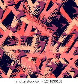 Seamless flying birds in geometry background. Vector grunge seamless pattern.