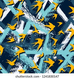 Seamless flying birds in geometry background. Vector grunge seamless pattern.