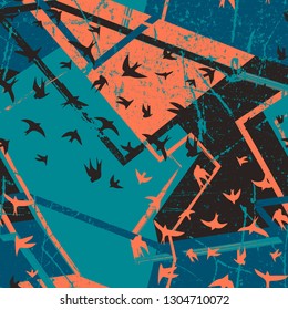 Seamless flying birds in geometry background. Vector grunge seamless pattern.