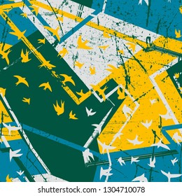 Seamless flying birds in geometry background. Vector grunge seamless pattern.