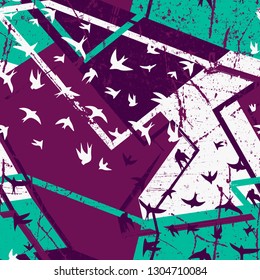 Seamless flying birds in geometry background. Vector grunge seamless pattern.