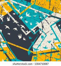 Seamless flying birds in geometry background. Vector grunge seamless pattern.