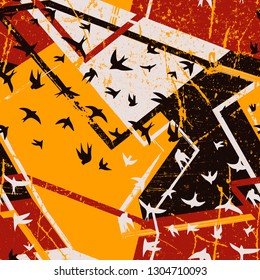 Seamless flying birds in geometry background. Vector grunge seamless pattern.