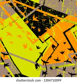 Seamless flying birds in geometry background. Vector grunge seamless pattern.