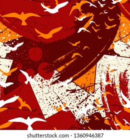 Seamless flying birds in geometry background. Vector grunge seamless pattern.