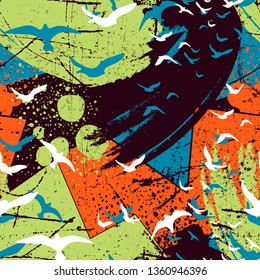 Seamless flying birds in geometry background. Vector grunge seamless pattern.