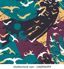 Seamless flying birds in geometry background. Vector grunge seamless pattern.