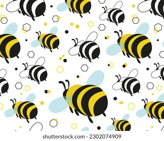 seamless flying bumblebees with honeycomb and pollen illustration.
bright cute pattern