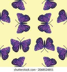 Seamless flying butterfly patter. Purple and violet butterflys textured wallpaper.