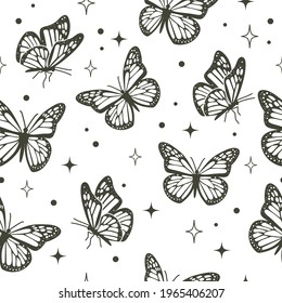 Seamless flying butterfly pattern. Flat style insect background illustration.