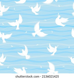 Seamless flying dove vector. Dove of Peace with twigs.