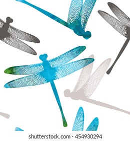 Seamless flying dragonfly. Vector