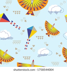 Seamless pattern ornithopter flying machine, bird model toy with flapping wings and kites in the sky.  Business launch, project start-up concept for poster, wallpaper, textile prints, and book cover.