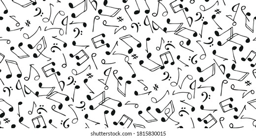 Seamless flying musical notes on white. Musical symbols for banner of festival, print design, melody recording, design back layers. Template musical notation symphony signs, notes for sound tune music