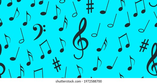 Seamless flying musical notes on blue. Musical symbols for banner of festival, print design, melody recording, design back layers. Template musical notation symphony signs, notes for sound tune music