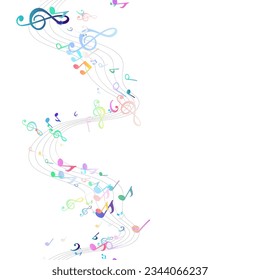 Seamless flying musical notes on white. Musical symbols for banner of festival, print design, melody recording, design back layers. Vector musical notation symphony signs, notes for sound tune music