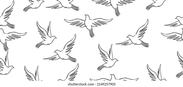 Seamless flying pigeon background in line art style and vector shapes