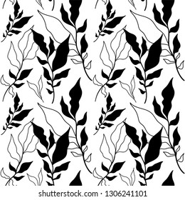 Seamless foliage ornament on a white background. Branches with black and white leaves.