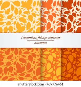 Seamless foliage pattern collection. Autumn leaves fall vector illustration.