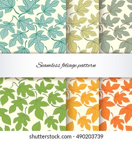 Seamless foliage pattern collection. Autumn leaves fall vector illustration.