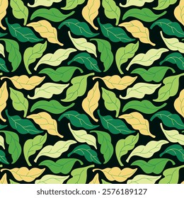 A seamless foliage pattern with hand-drawn leaves in shades of green and yellow against a dark background, creating a fresh and natural aesthetic.