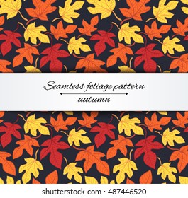 Seamless foliage pattern leaf fall color outline hand drawn vector illustration