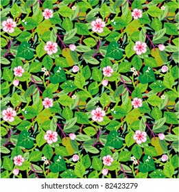 Seamless foliage pattern - leaves and branches of trees or bushes, flowers, moths, falling petals, black background ( for high res JPEG or TIFF see image 82423276 )
