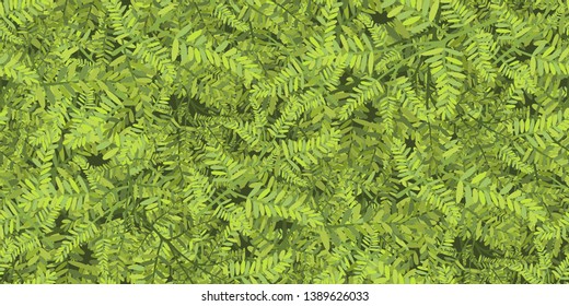Seamless foliage pattern. Tropical summer print. Light green fern leaves. Beautiful allover print with hand drawn exotic plants. Vector illustration. Eco fashion design.