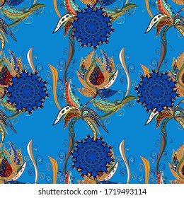 Papel de las paredes sin fisuras. Ilustración vectorial. Fondo ornamento de forma de hoja. Las formas de hojas abstractas dibujadas a mano azul, naranja y gris son patrón.