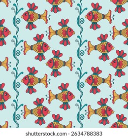 Folk Art Fish Pattern perfeito para impressões têxteis, papel de parede, embalagens, produtos para crianças e projetos digitais criativos. Inspirado na arte étnica tradicional